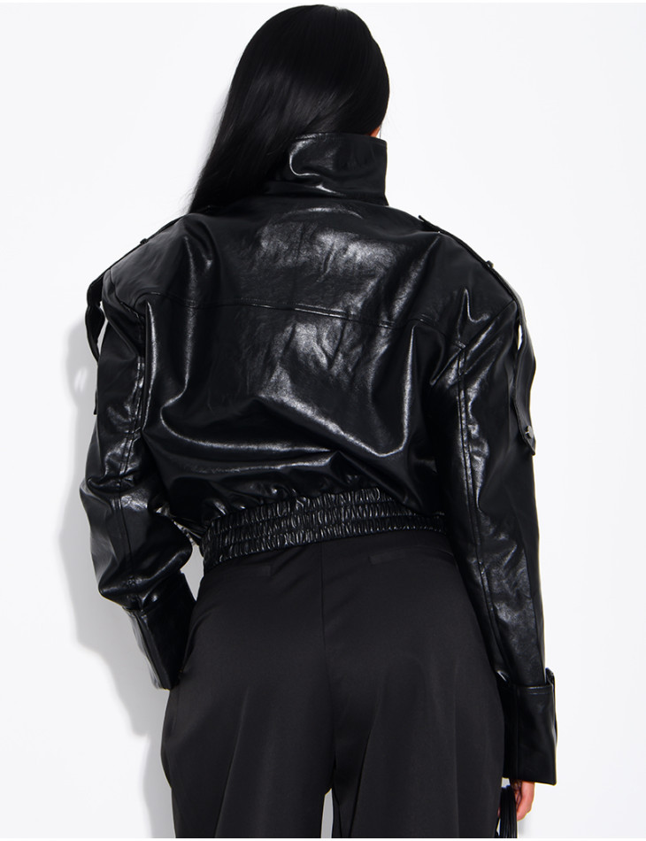 Oversized faux patent leather jacket with shoulder pads