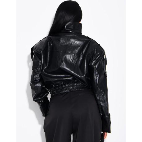 Oversized faux patent leather jacket with shoulder pads