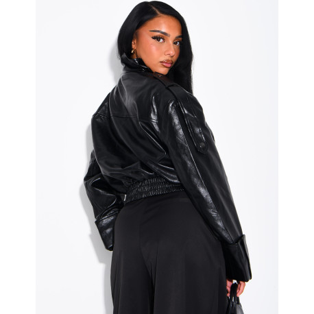 Oversized faux patent leather jacket with shoulder pads