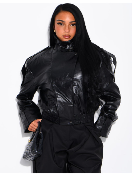 Oversized faux patent leather jacket with shoulder pads