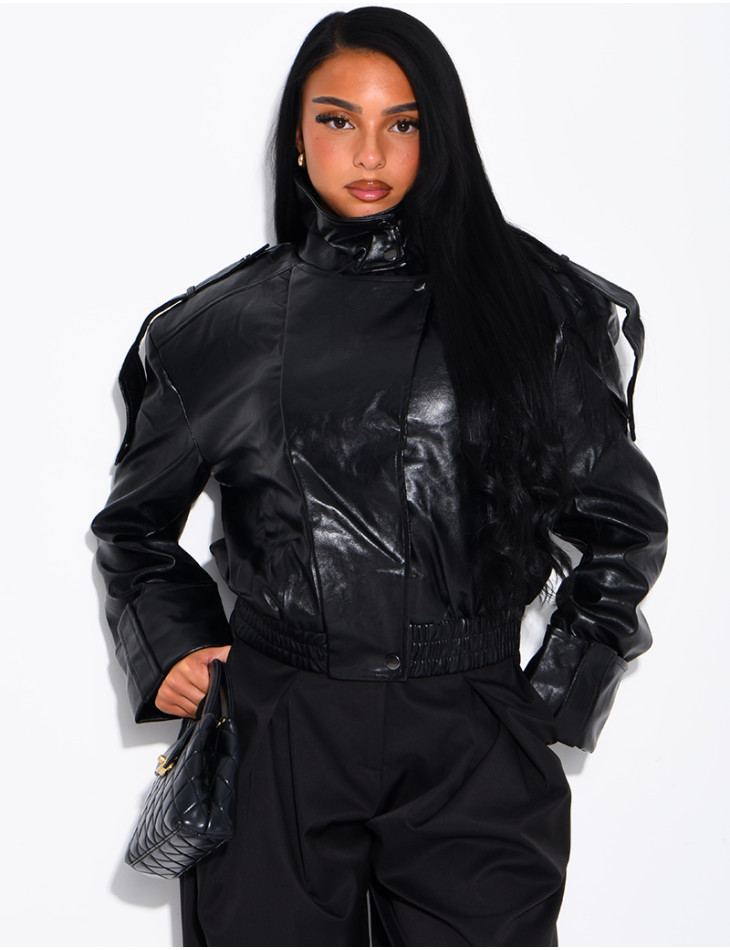 Oversized faux patent leather jacket with shoulder pads