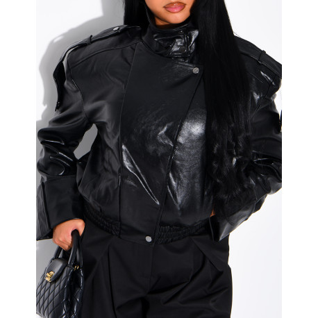 Oversized faux patent leather jacket with shoulder pads