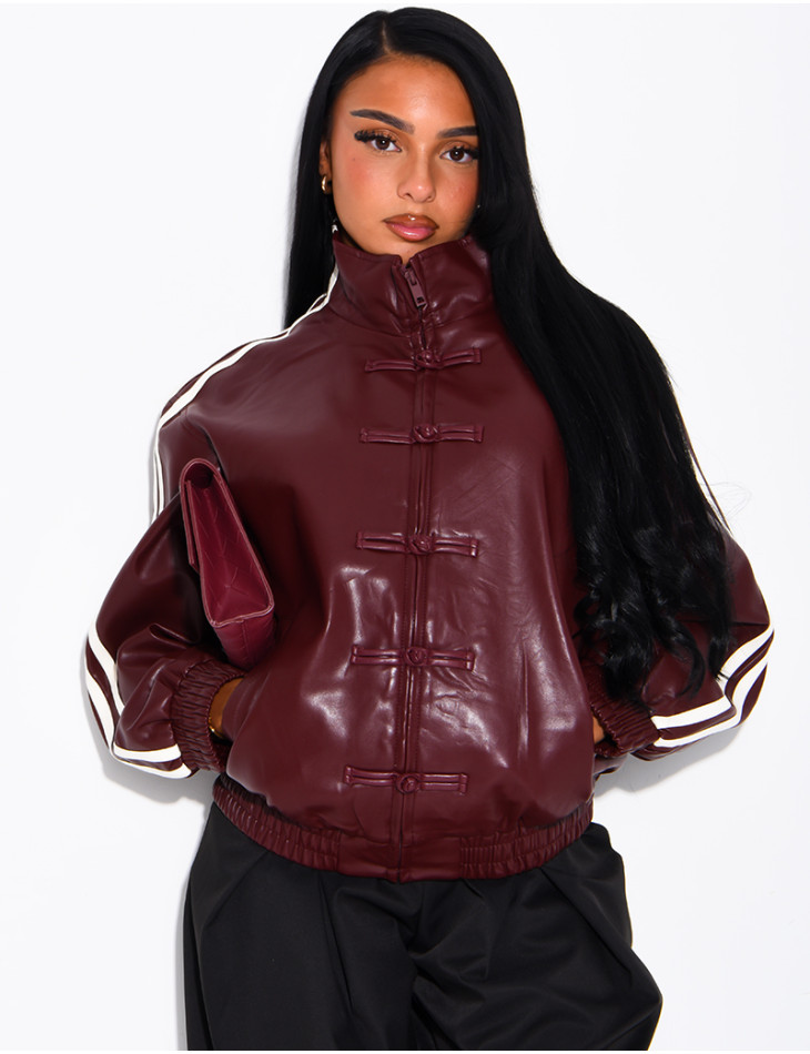 Faux leather jacket with Asian-style knotted buttons and straps