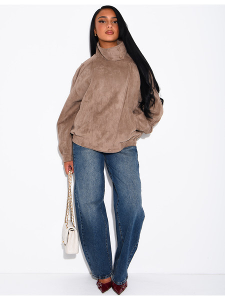 Oversized jacket with a stand-up collar in suede-effect fabric