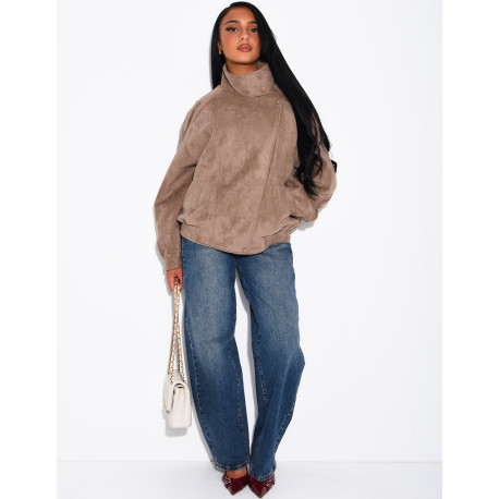Oversized jacket with a stand-up collar in suede-effect fabric