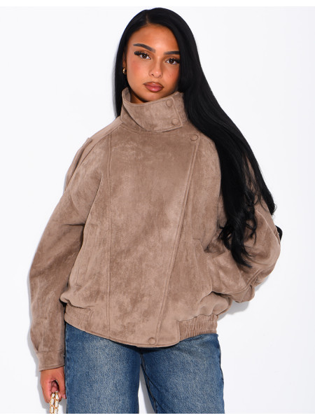 Oversized jacket with a stand-up collar in suede-effect fabric