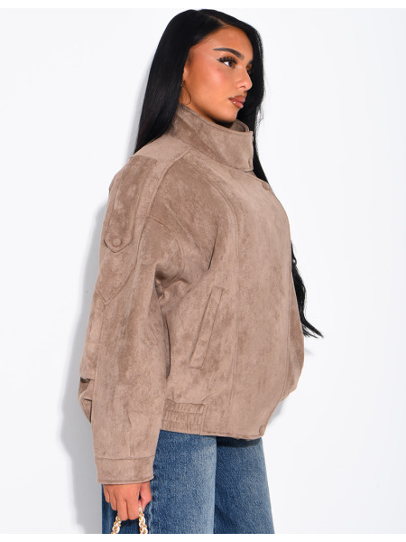 Oversized jacket with a stand-up collar in suede-effect fabric