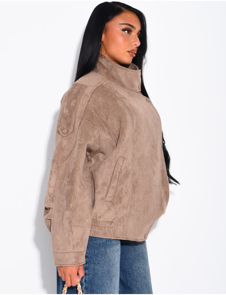 Oversized jacket with a stand-up collar in suede-effect fabric