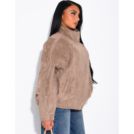 Oversized jacket with a stand-up collar in suede-effect fabric