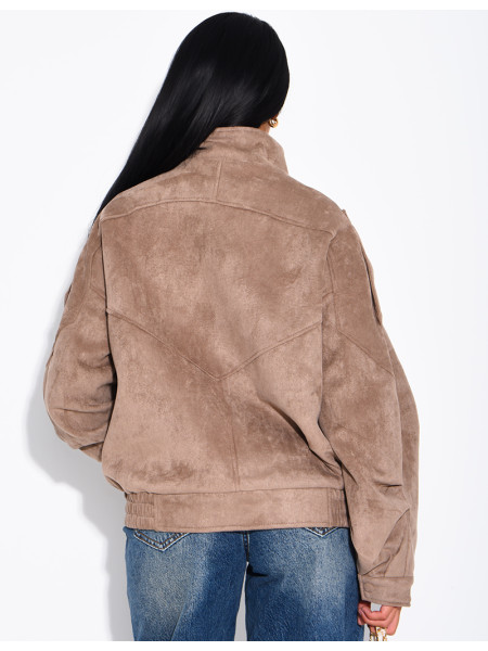 Oversized jacket with a stand-up collar in suede-effect fabric
