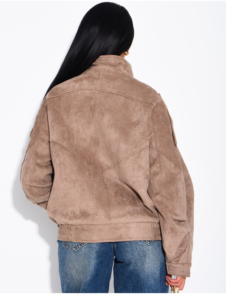 Oversized jacket with a stand-up collar in suede-effect fabric