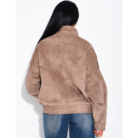 Oversized jacket with a stand-up collar in suede-effect fabric