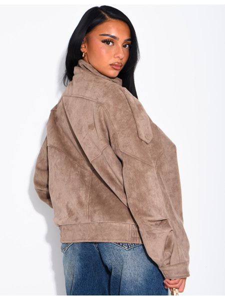 Oversized jacket with a stand-up collar in suede-effect fabric