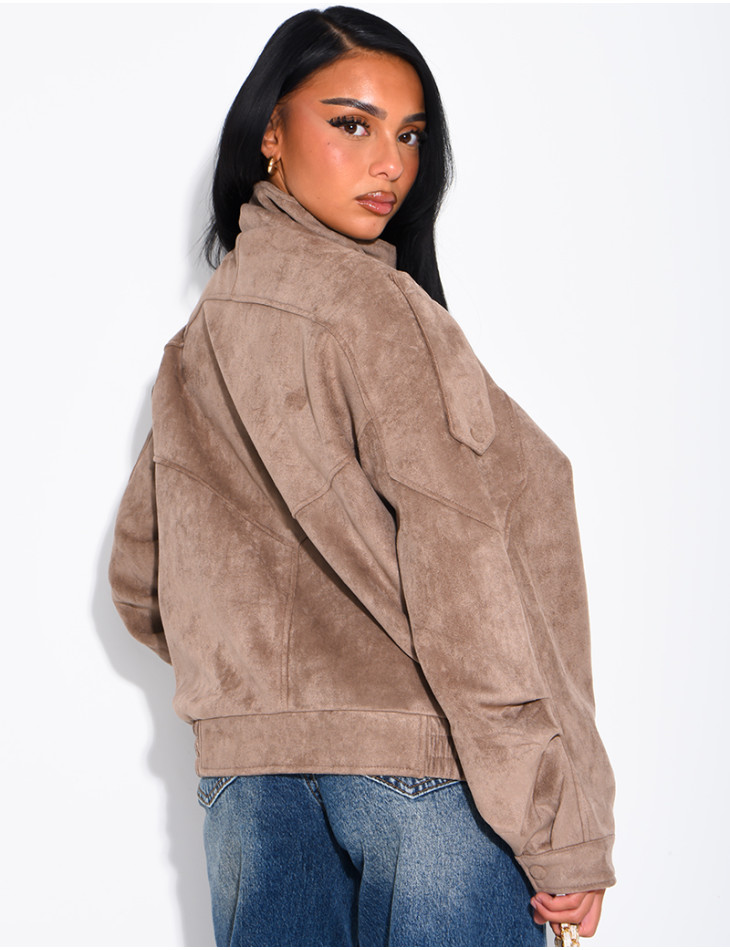 Oversized jacket with a stand-up collar in suede-effect fabric