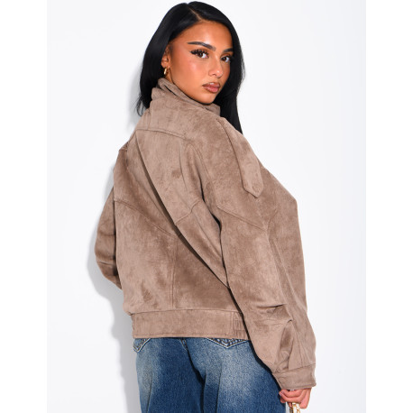 Oversized jacket with a stand-up collar in suede-effect fabric