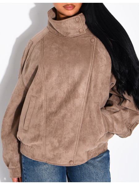 Oversized jacket with a stand-up collar in suede-effect fabric