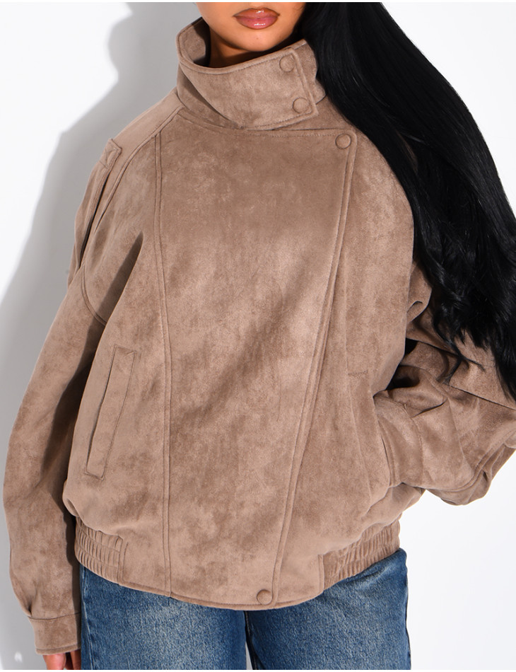 Oversized jacket with a stand-up collar in suede-effect fabric