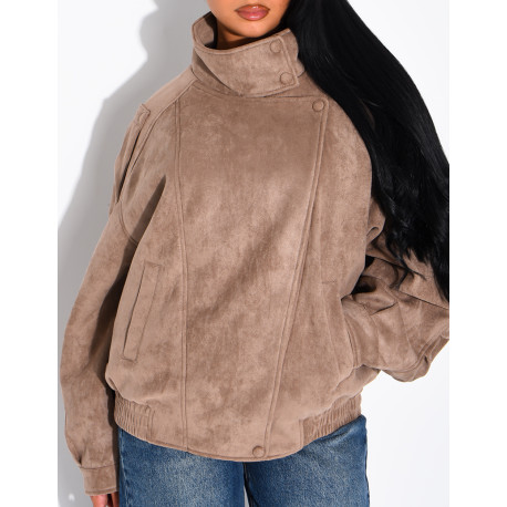 Oversized jacket with a stand-up collar in suede-effect fabric