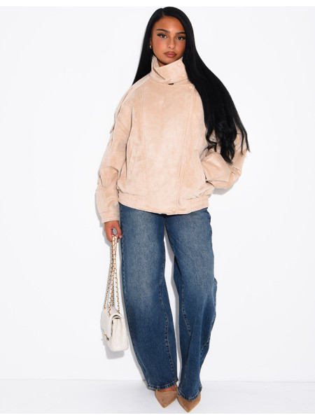 Oversized jacket with a stand-up collar in suede-effect fabric