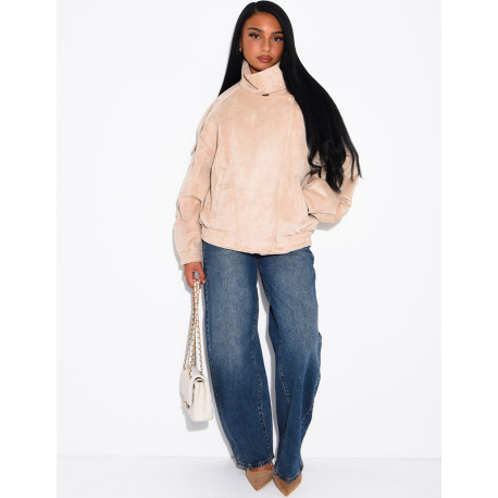 Oversized jacket with a stand-up collar in suede-effect fabric
