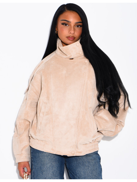 Oversized jacket with a stand-up collar in suede-effect fabric