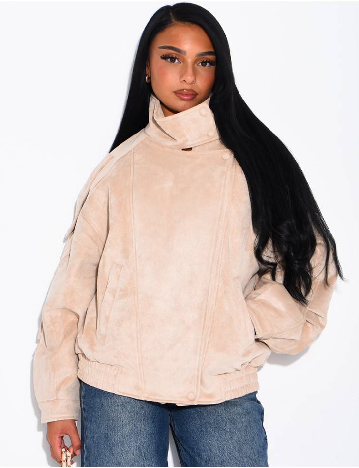 Oversized jacket with a stand-up collar in suede-effect fabric