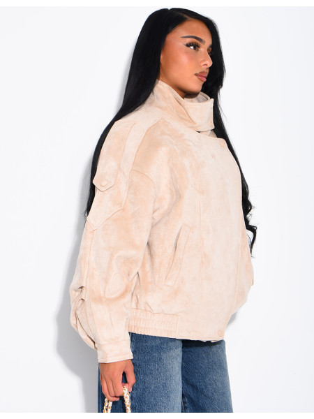 Oversized jacket with a stand-up collar in suede-effect fabric