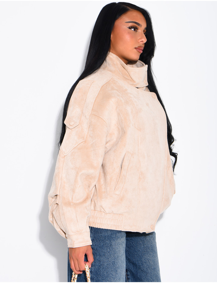 Oversized jacket with a stand-up collar in suede-effect fabric