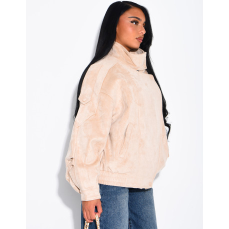 Oversized jacket with a stand-up collar in suede-effect fabric