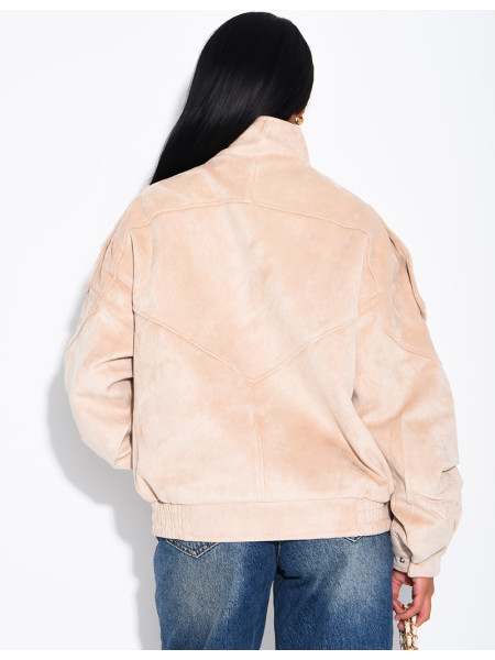 Oversized jacket with a stand-up collar in suede-effect fabric