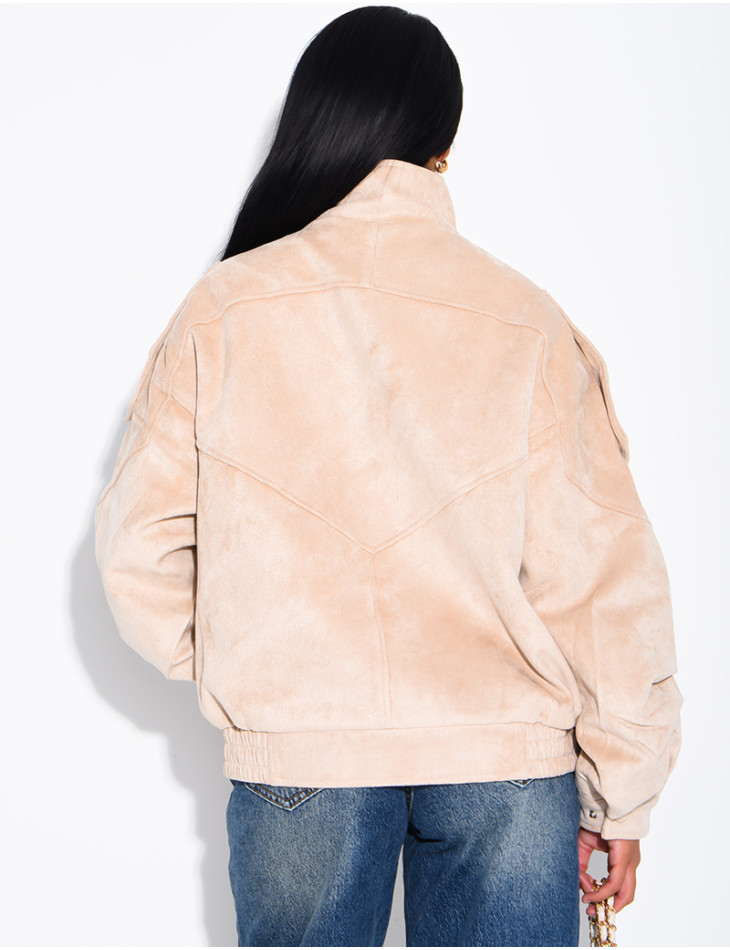 Oversized jacket with a stand-up collar in suede-effect fabric