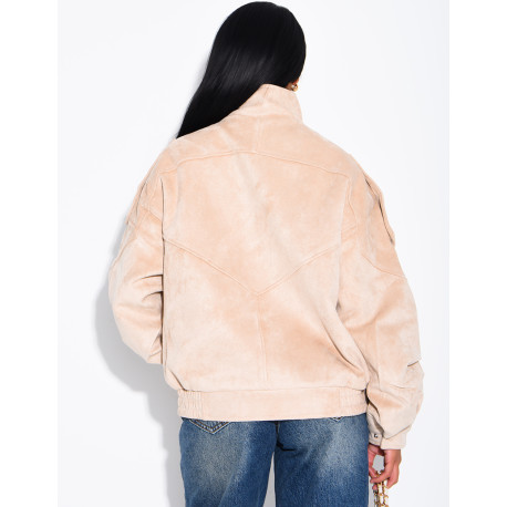 Oversized jacket with a stand-up collar in suede-effect fabric