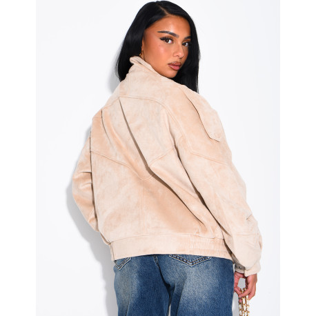 Oversized jacket with a stand-up collar in suede-effect fabric
