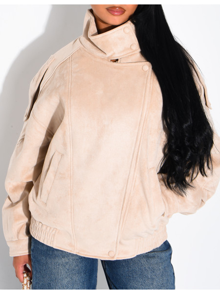 Oversized jacket with a stand-up collar in suede-effect fabric