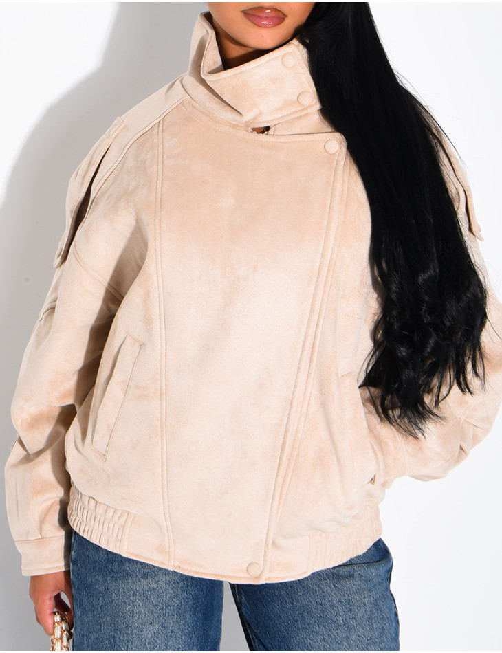 Oversized jacket with a stand-up collar in suede-effect fabric