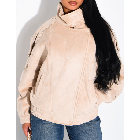Oversized jacket with a stand-up collar in suede-effect fabric