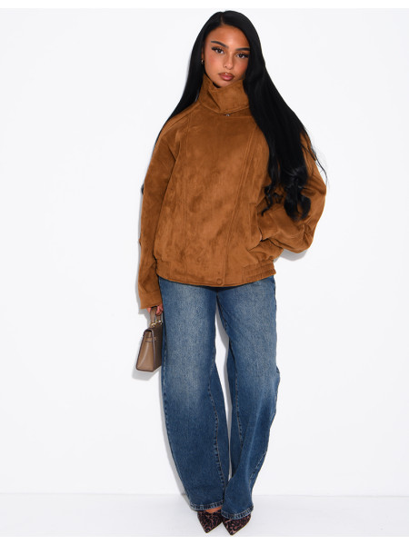 Oversize-Jacke mit Stehkragen aus Stoff in Wildlederoptik