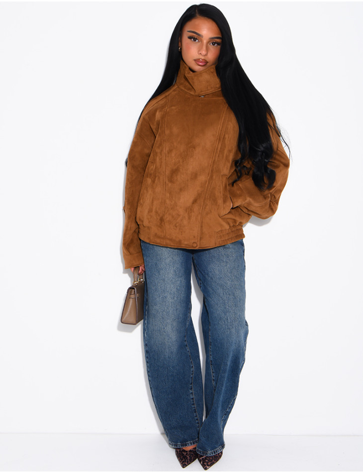 Oversize-Jacke mit Stehkragen aus Stoff in Wildlederoptik