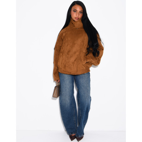 Oversize-Jacke mit Stehkragen aus Stoff in Wildlederoptik