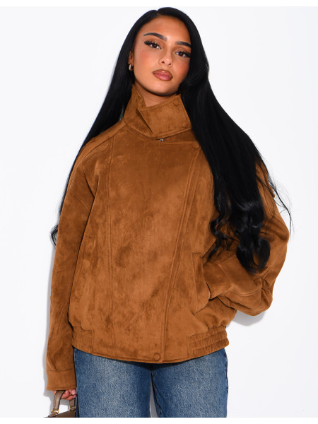 Oversize-Jacke mit Stehkragen aus Stoff in Wildlederoptik