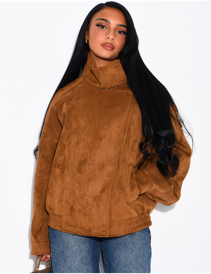Oversize-Jacke mit Stehkragen aus Stoff in Wildlederoptik
