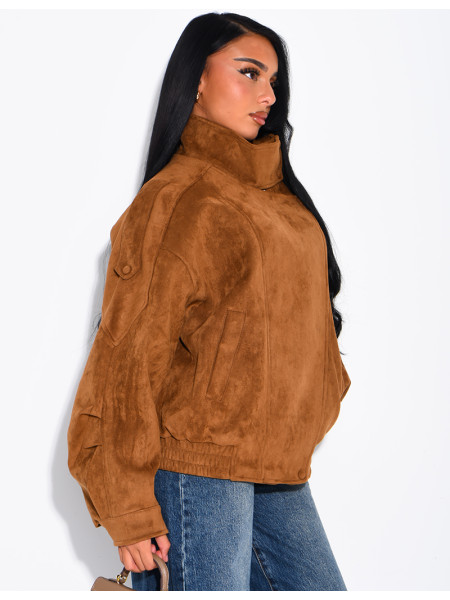 Oversize-Jacke mit Stehkragen aus Stoff in Wildlederoptik
