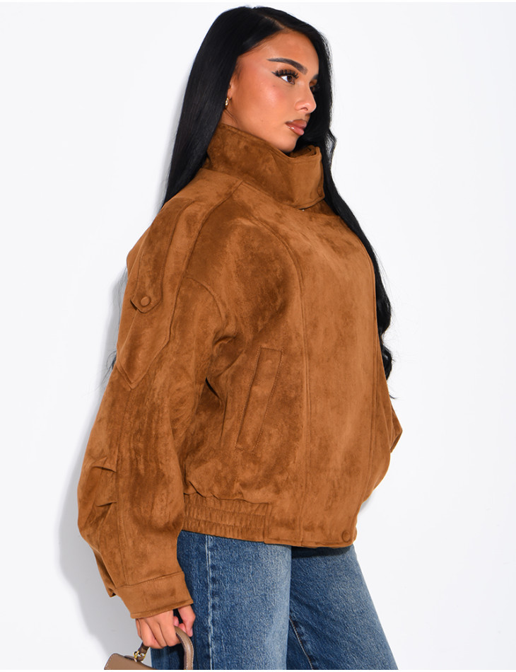 Oversize-Jacke mit Stehkragen aus Stoff in Wildlederoptik