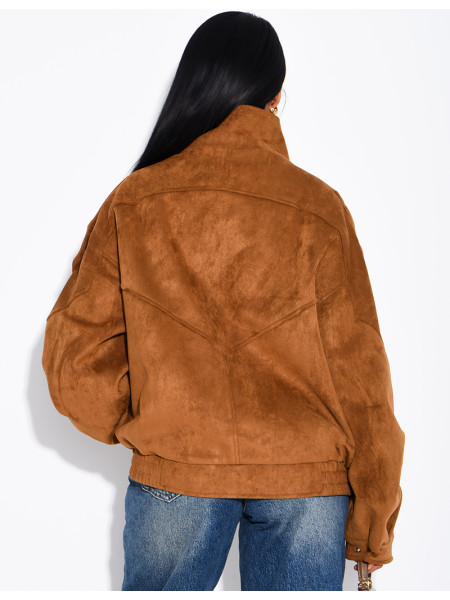 Oversize-Jacke mit Stehkragen aus Stoff in Wildlederoptik