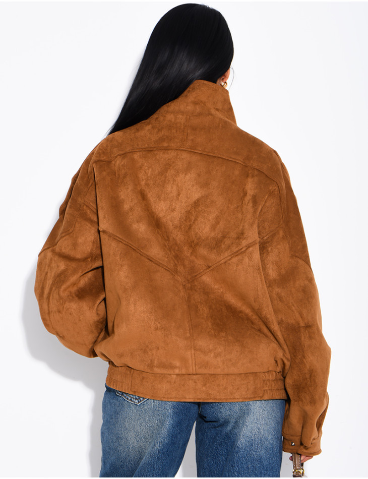 Oversize-Jacke mit Stehkragen aus Stoff in Wildlederoptik