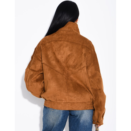 Oversize-Jacke mit Stehkragen aus Stoff in Wildlederoptik