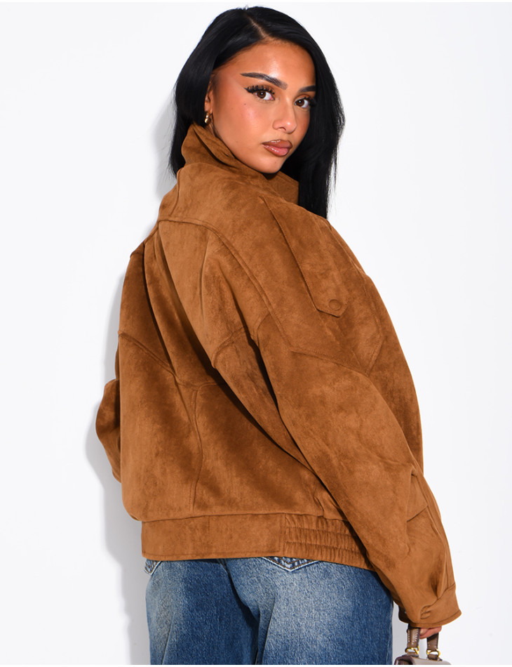 Oversize-Jacke mit Stehkragen aus Stoff in Wildlederoptik