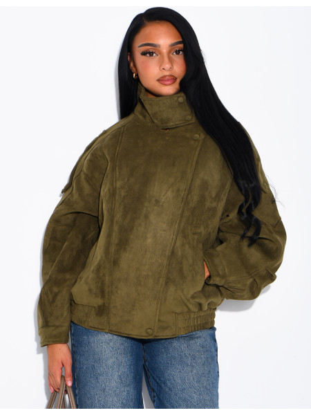 Oversized jacket with a stand-up collar in suede-effect fabric