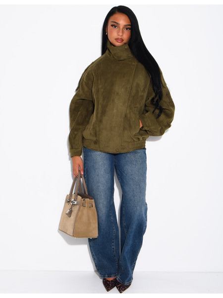 Oversized jacket with a stand-up collar in suede-effect fabric