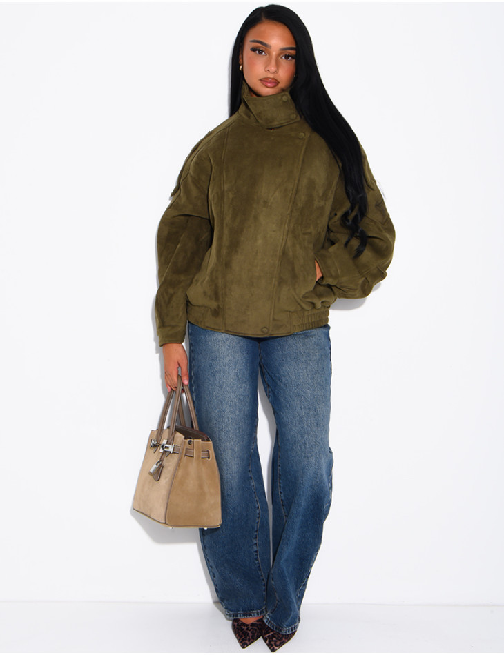 Oversized jacket with a stand-up collar in suede-effect fabric